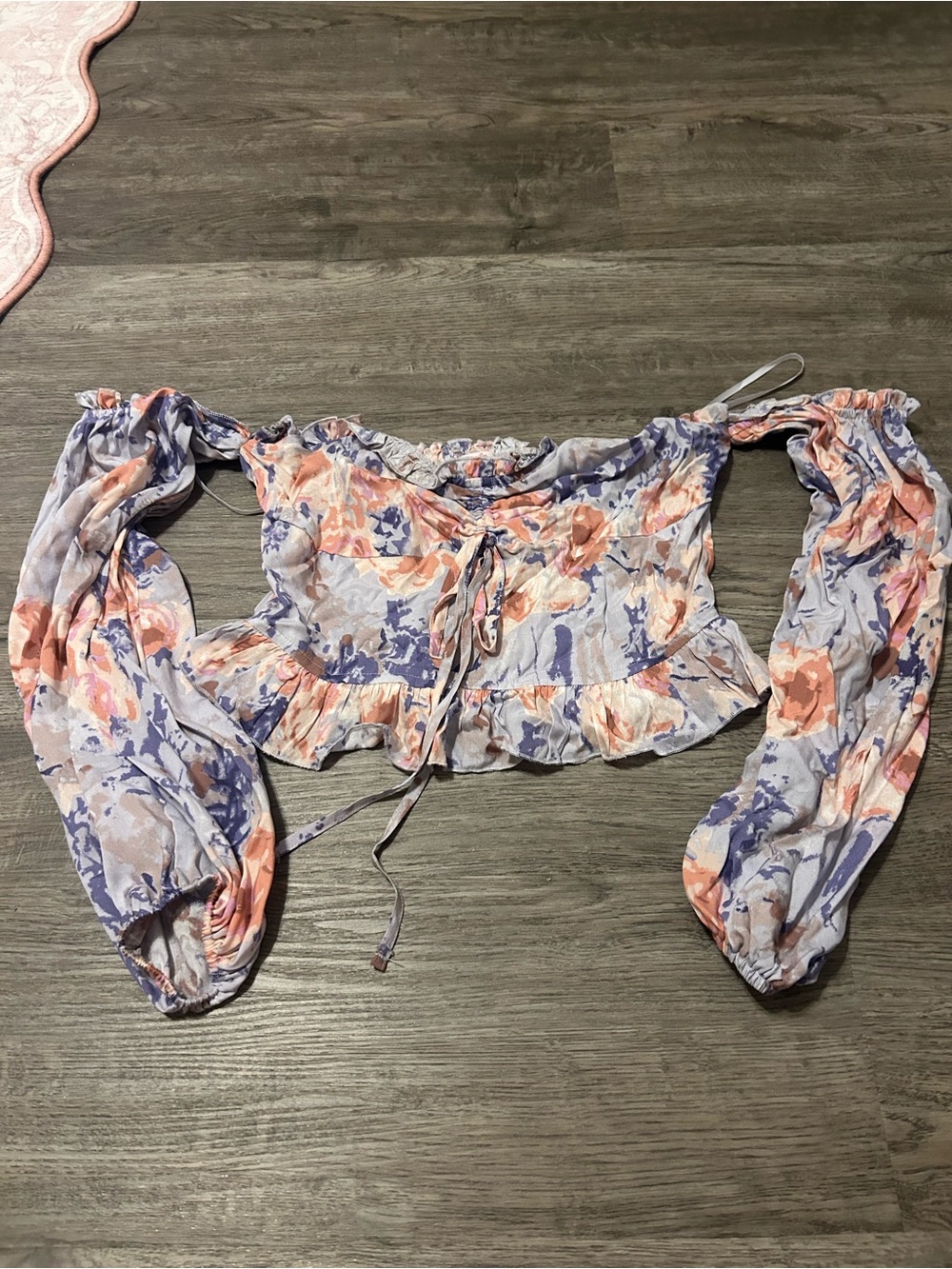 Pink Lily Peach & Lavender Floral Off-Shoulder Crop Top